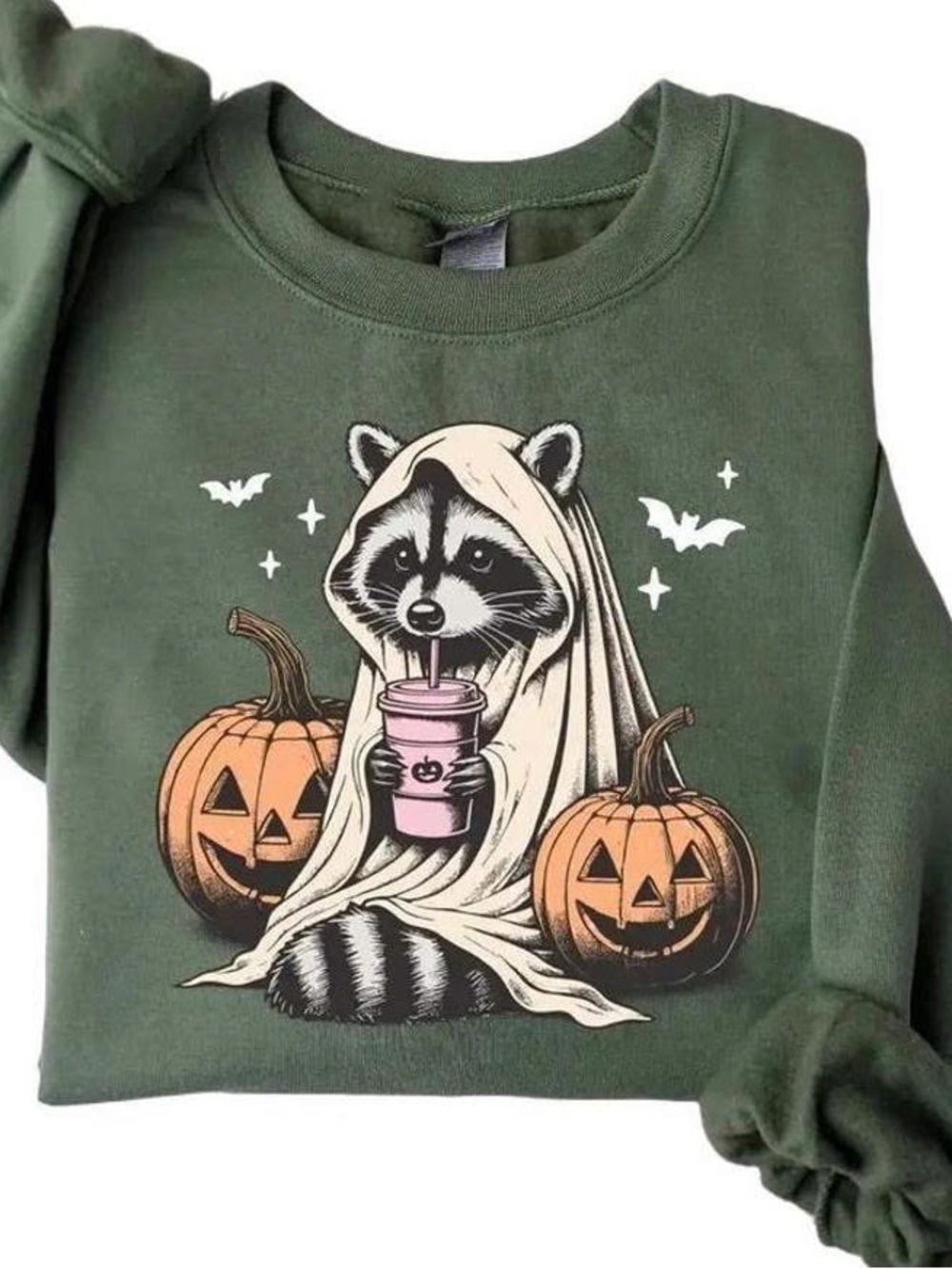 Green Halloween Raccoon Costume Sweatshirt with Pumpkin Graphics
